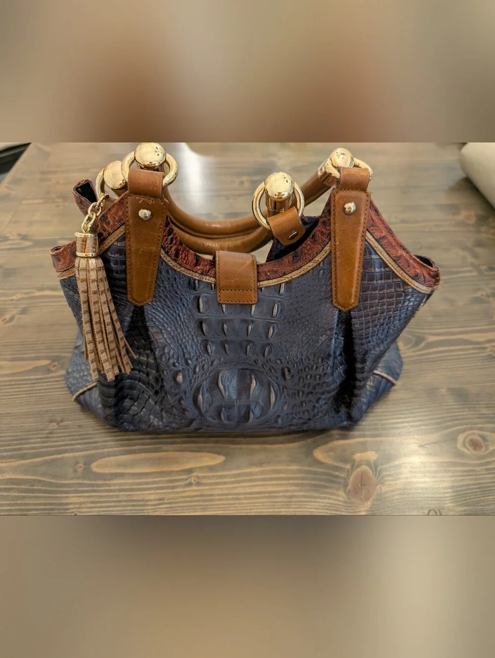 Brahmin Large Blue Brown Croc Satchel Purse Handbag